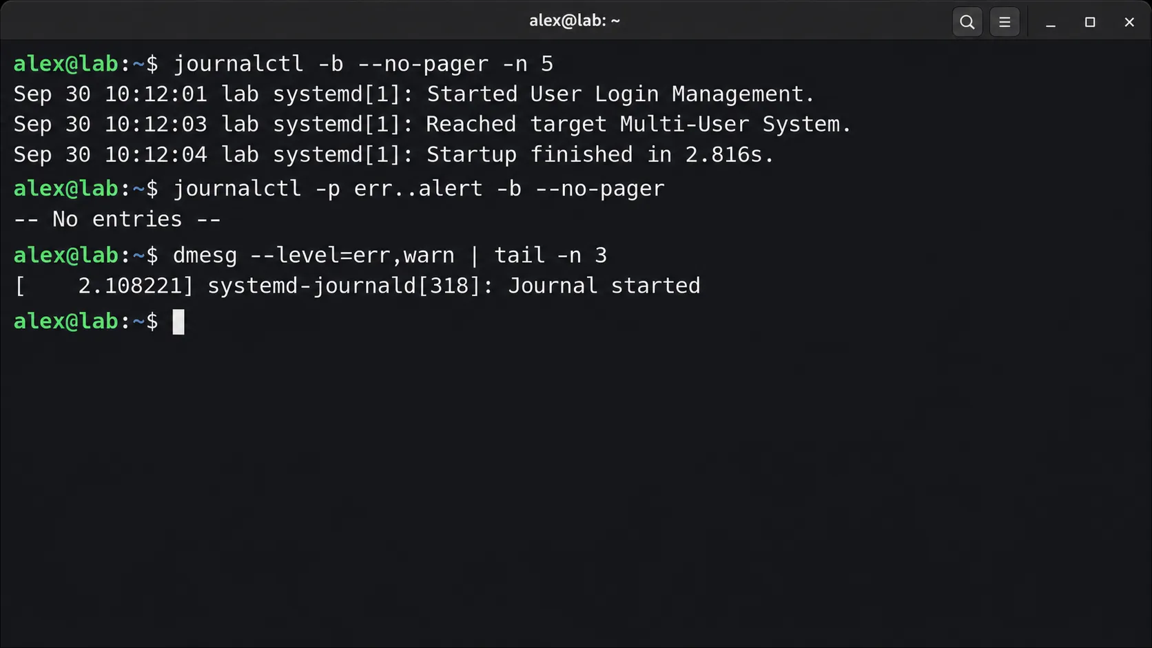 使用 journalctl 和 dmesg 查看通用系统日志的终端会话
